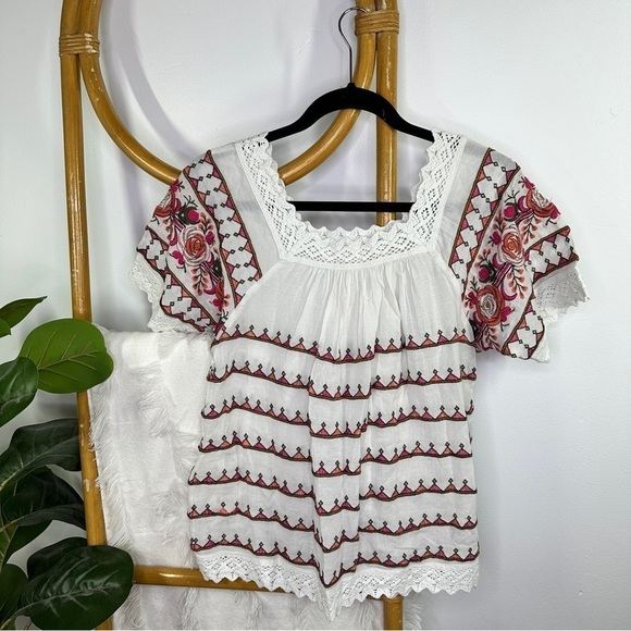 Anthropologie White Chevron Pink Blouse sz S - Picture 3 of 5